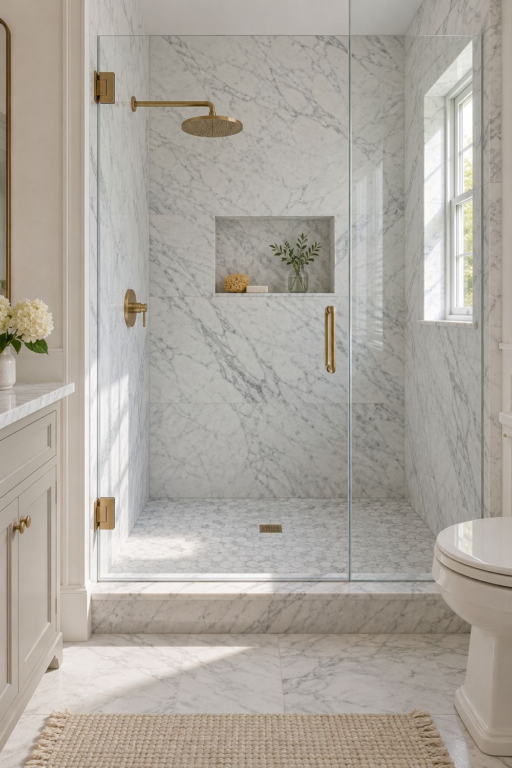 Walk-in shower in honed Carrara marble with a frameless glass door, brass rain head and valve, and a marble hex shower floor