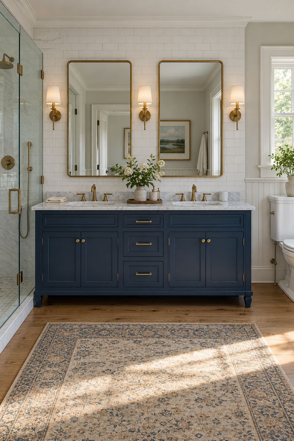 Navy painted double vanity with a white marble top, two sinks with brass faucets and two brass-framed mirrors under three sconces